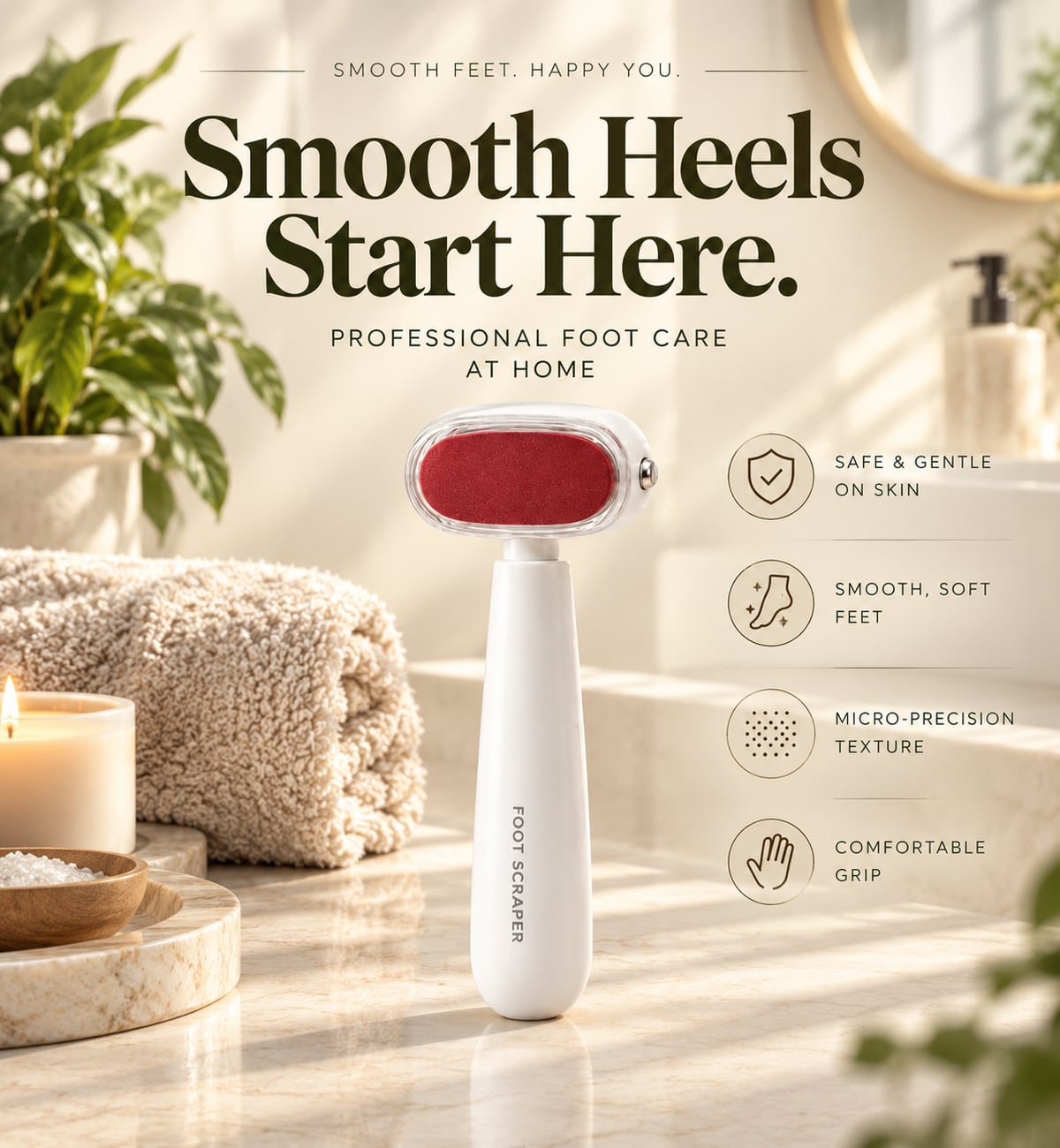 Heel Haven foot file on a marble bathroom counter