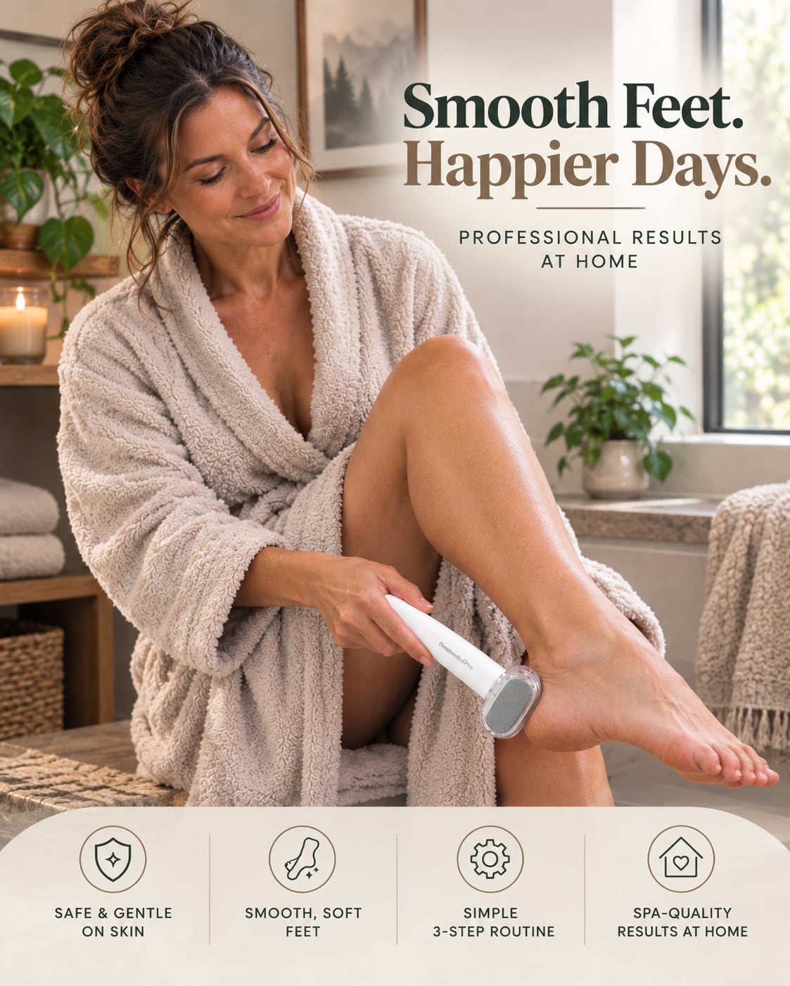 A woman in a robe gently using the foot file on her heel