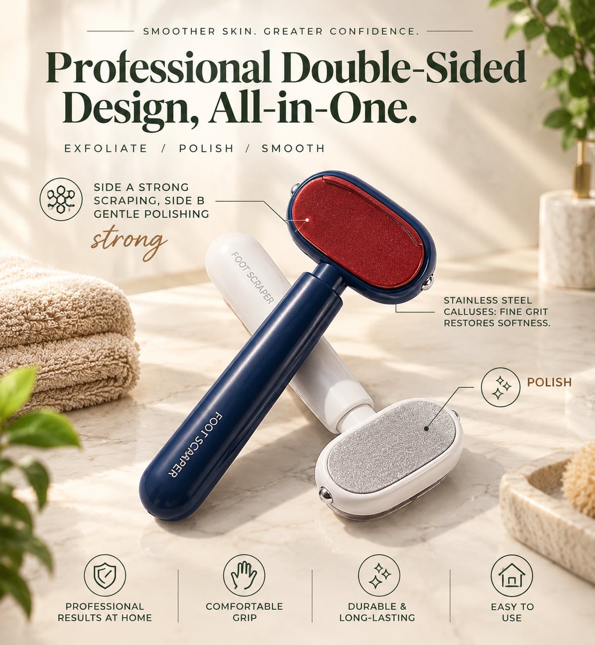 Navy and white Heel Haven foot files showing the coarse and fine sides