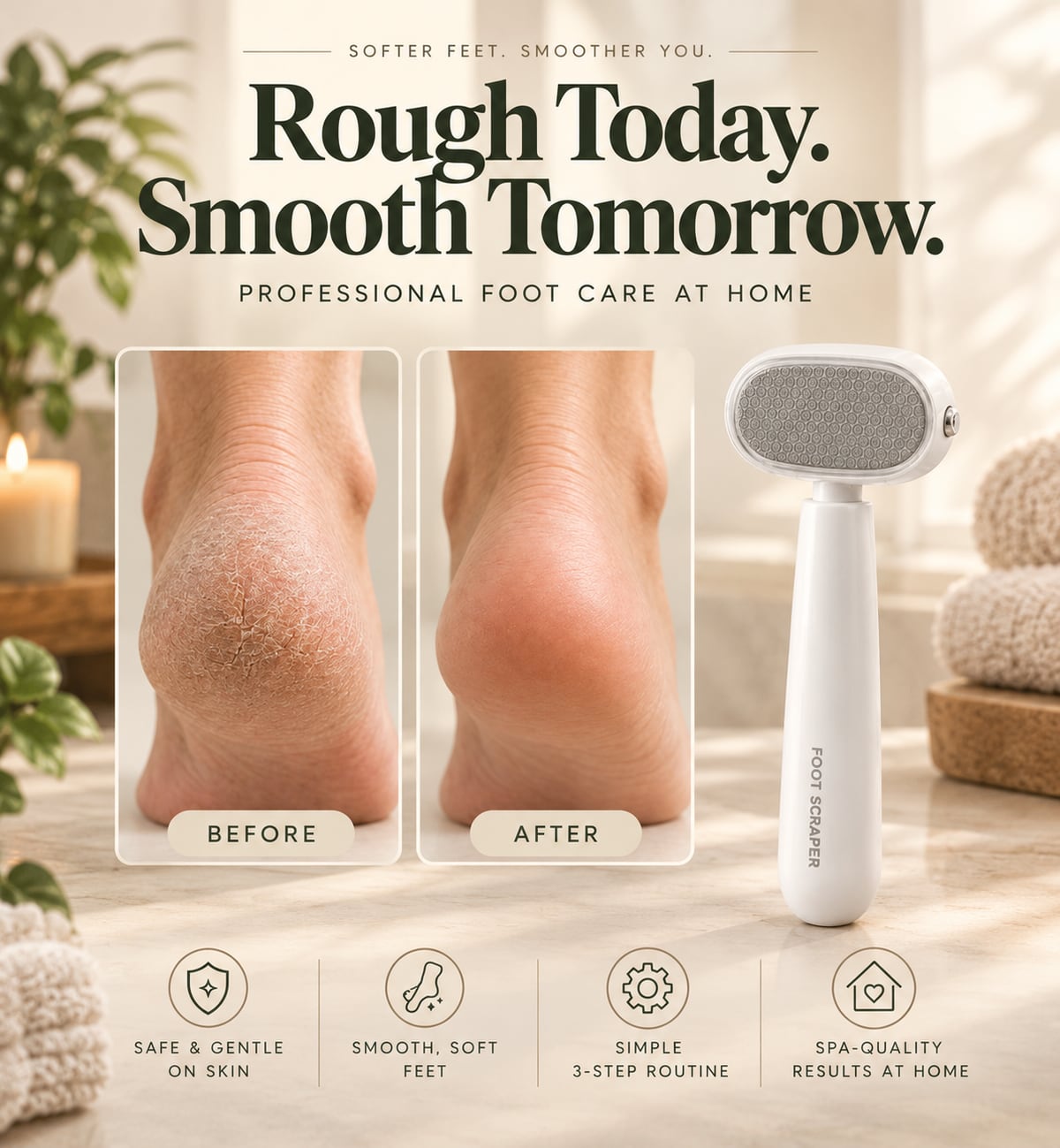 Before and after: a dry, cracked heel next to a smooth heel